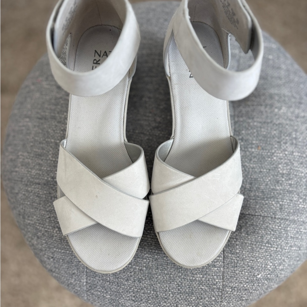 Naturalized Light Gray Suede Crisscross Ankle Strap Sandals